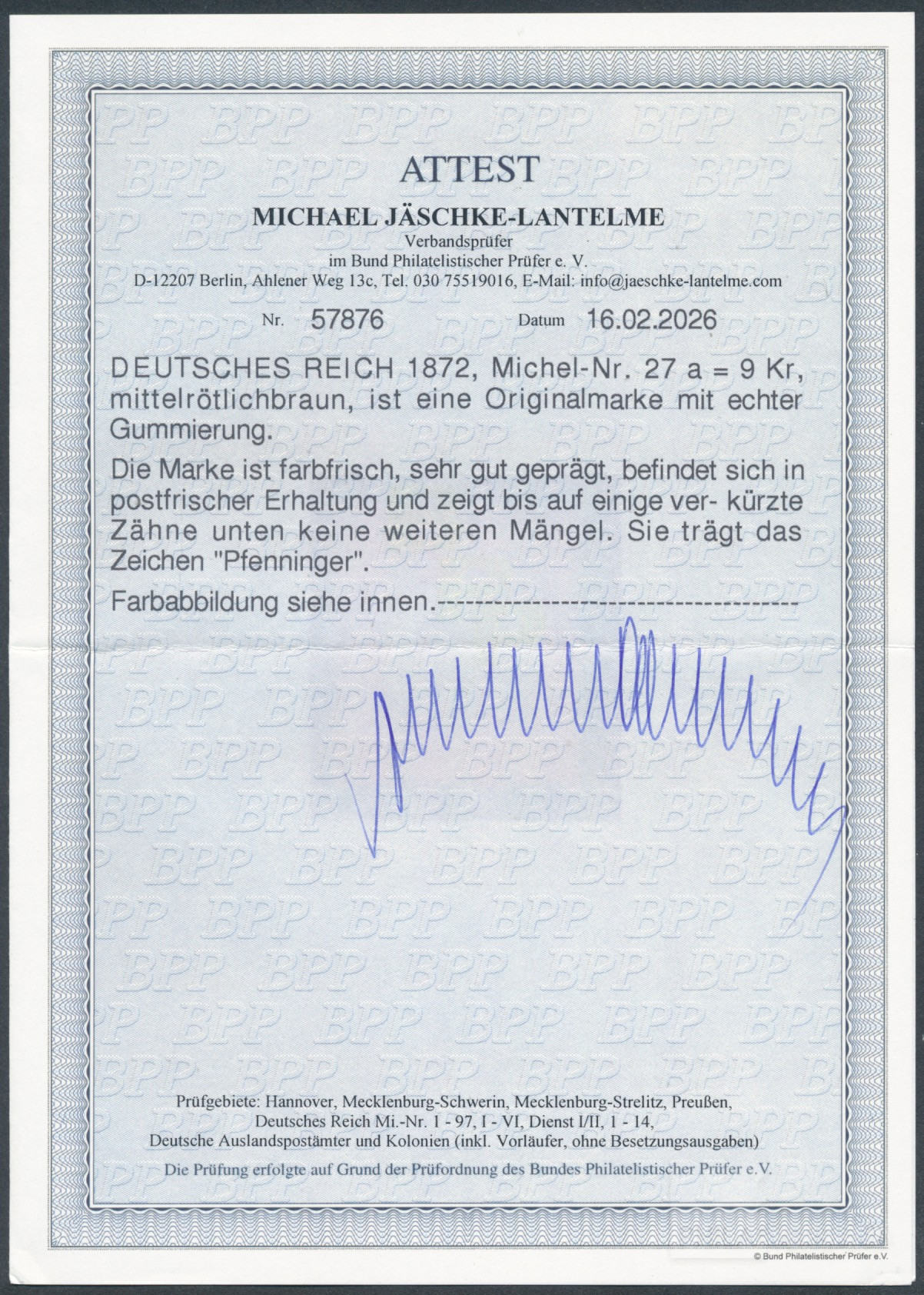 großer Brustschild 1872  | Michel-Nr. 27 a | postfrisch