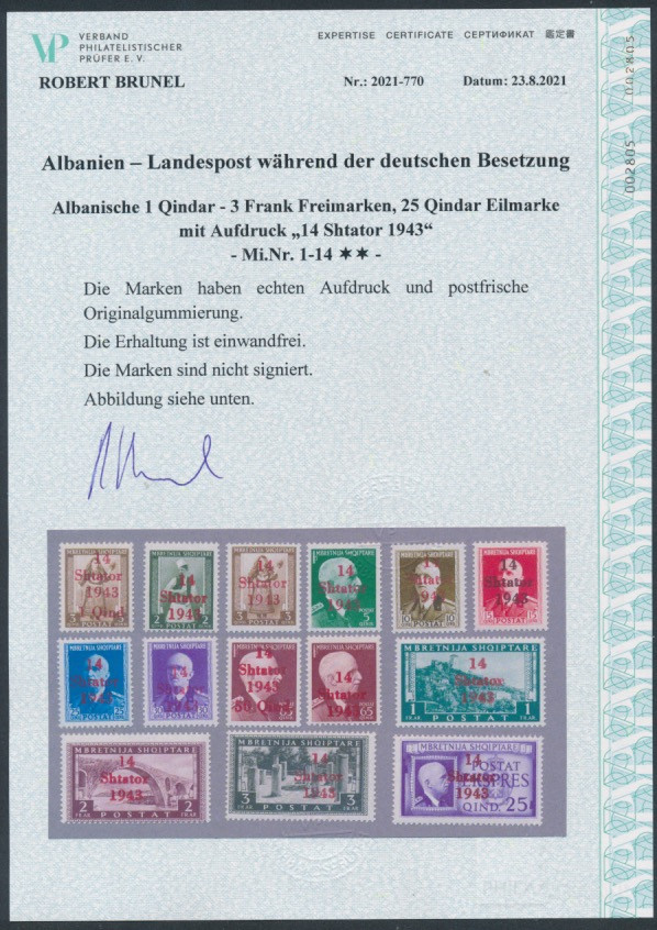 Aufdruckserie 1943  | Michel-Nr. Albanien 1-14 | postfrisch