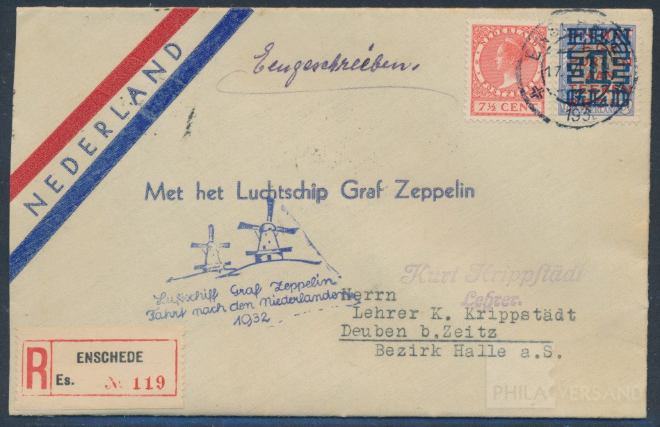 Fahrt in die Niederlande 1932 als guter Brief der Niederländischen Post mit guter Aufgabe Enschede und mit schöner Mischfrankatur gesendet als Einschreiben, befördert mit Luftschiff nach Friedrichshafen (rückseitig Ankunftstempel), sehr gute Erhaltung, Si