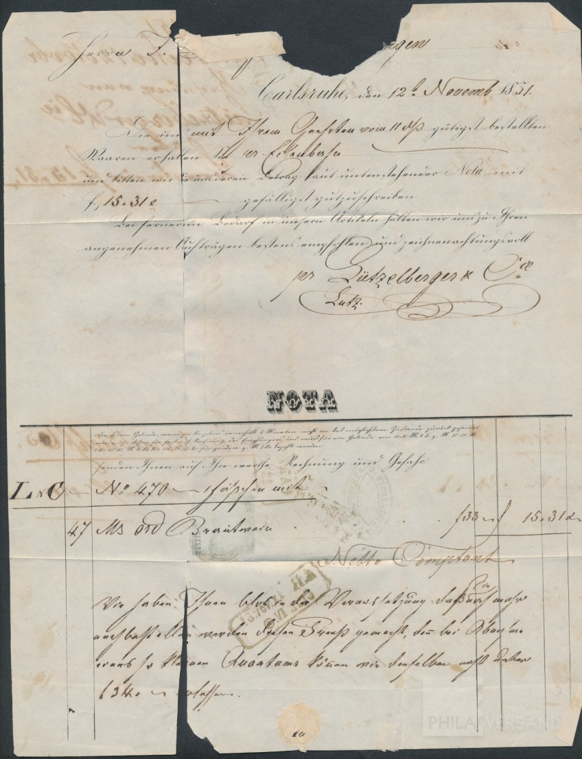 6 Kreuzer Ziffer 1851 in guter blaugrüner Farbe, links und oben leicht berührt ansonsten breitrandig geschnitten, sauber gestempelt mit Ringnummernstempel 24 und nebengesetztem Ortsstempel Karlsruhe 13. Nov. 51 auf komplett erhaltenem Faltbrief mit vollst