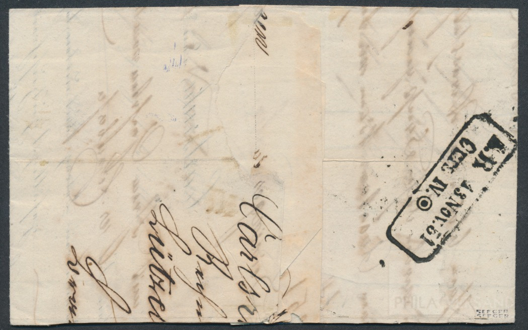 6 Kreuzer Ziffer 1851 in guter blaugrüner Farbe, links und oben leicht berührt ansonsten breitrandig geschnitten, sauber gestempelt mit Ringnummernstempel 24 und nebengesetztem Ortsstempel Karlsruhe 13. Nov. 51 auf komplett erhaltenem Faltbrief mit vollst