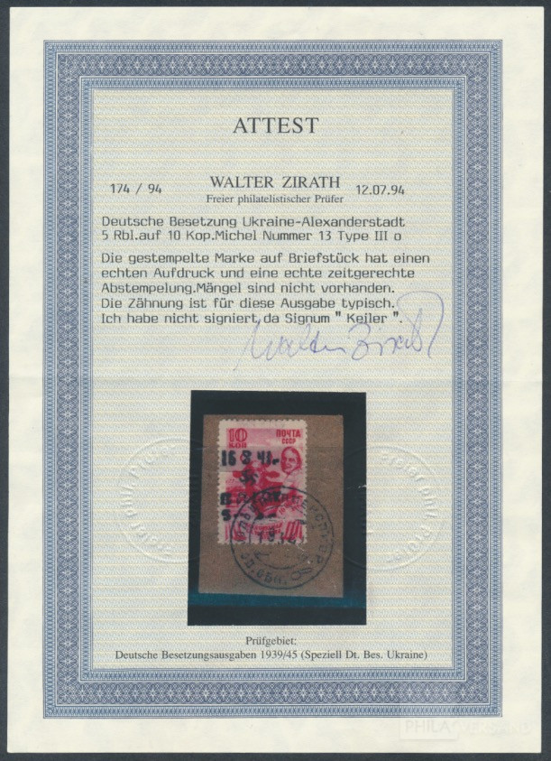 Handstempelaufdruck 1942  | Michel-Nr. Alexanderstadt 13III | Briefstück