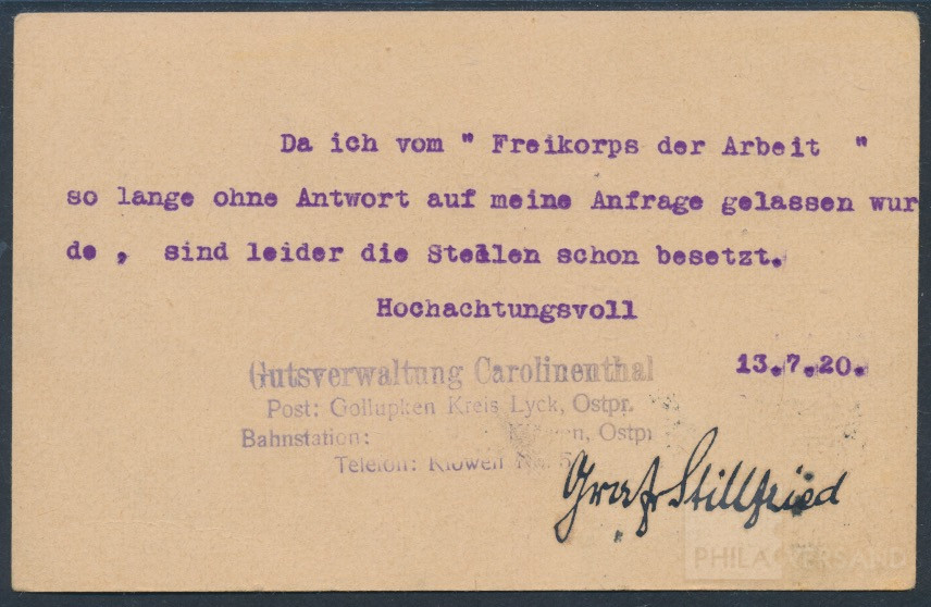 Germania 1920  | Michel-Nr. Allenstein P 2 Stemp | Brief/Karte